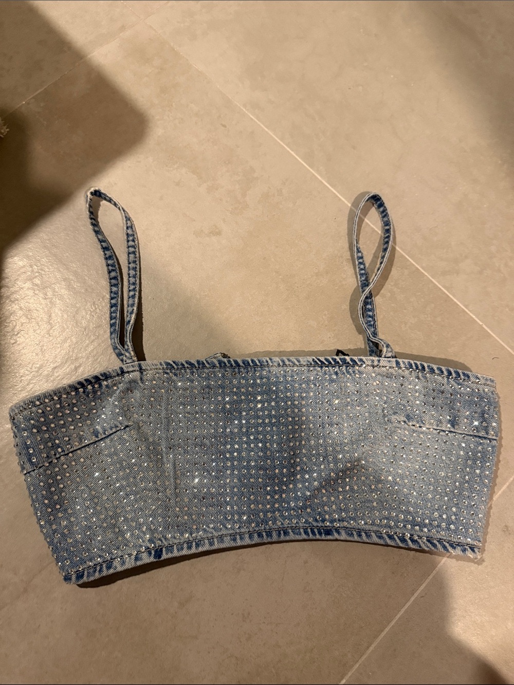 Zara Light Blue Denim Rhinestone Crop Tank